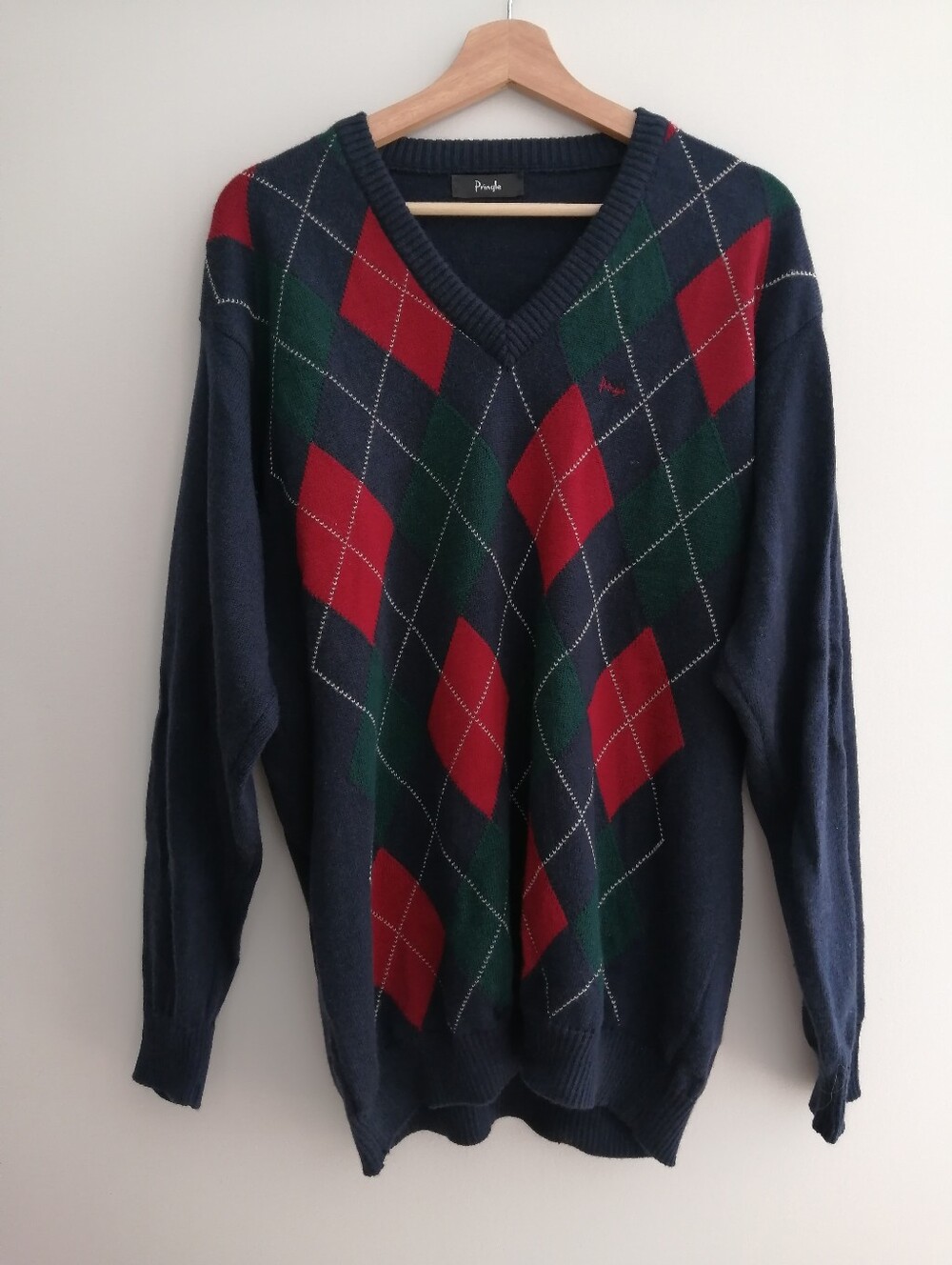 Vintage Pringle Of Scotland Men's Pure Wool Navy Argyle Plaid Sweater 42 (L US)